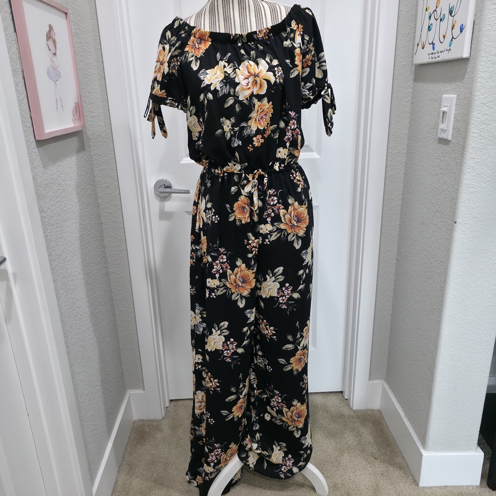 Xhilaration Black and Orange Floral Wide Leg Jumpsuit